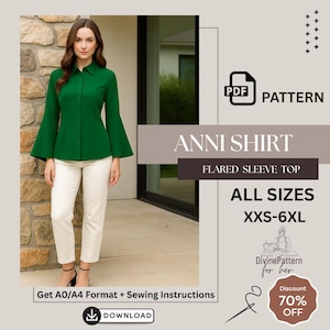 Anni Shirt Sewing Pattern PDF | Button Down Blouse Pattern | Flared Sleeve Top |