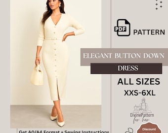 Women’s Dress Sewing Pattern PDF | Vintage-Inspired, V-Neck, Button Front, Belted – Fall/Winter – Digital Download