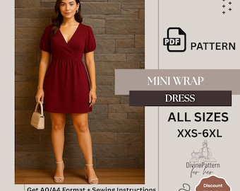 Women’s Mini Wrap Dress Sewing Pattern |Puff Sleeve Raglan Style DIY Dress | PDF Download