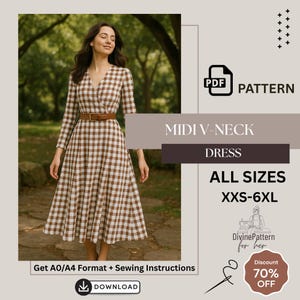 Patrón de costura para vestido cruzado midi / Vestido de corte A con manga larga (Patrón PDF)