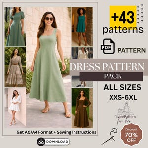 May include: A dress pattern pack featuring diverse dress styles, including a light green dress worn by a woman. The image displays text such as "+43 patterns", "Dress Pattern Pack", and "All Sizes XXS-6XL". The pack offers patterns for all sizes.
