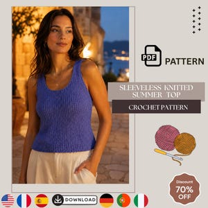 Blauwe geribbelde tanktop breipatroon pdf, aansluitende mouwloze ronde hals (XS-4XL)