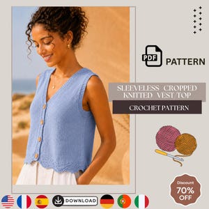 Sleeveless Cropped Knit Vest Pattern, Sky Blue Summer Top (PDF Download)