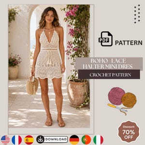Puede incluir: Un patrón de ganchillo en PDF para un minivestido halter de encaje color crema. El diseño presenta un escote en V profundo, una cintura ajustada con un lazo y borlas, y un dobladillo festoneado. El documento incluye el texto PDF PATTERN, BOHO LACE HALTER MINI DRESS y CROCHET PATTERN.