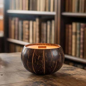 May include: A dark brown coconut shell candle with a wooden wick. The candle sits on a wooden surface in front of a bookshelf filled with books. The candle has a warm, inviting glow.