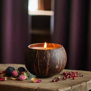 May include: A lit candle in a brown coconut shell sits on a wooden surface, surrounded by dried flowers and berries. The candle's flame glows brightly, creating a warm ambiance. The candle is a decorative item.