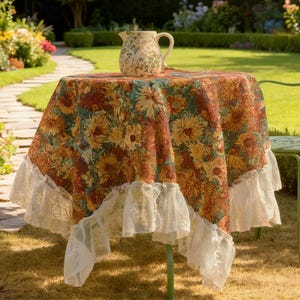 May include: A round table with a floral tablecloth and a white lace trim, set in a garden. A matching floral pitcher sits on the table. A green metal chair is next to the table. The scene is set in a sunny garden.
