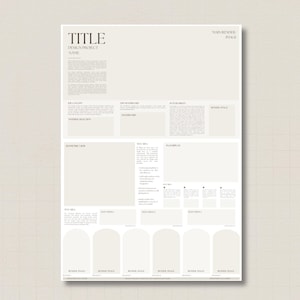 May include: A minimalist design project layout on a cream-colored background. The layout includes text boxes, image placeholders, and a title section. The text "TITLE" is at the top, with "DESIGN PROJECT" and "NAME" below it. The layout is clean and organized.