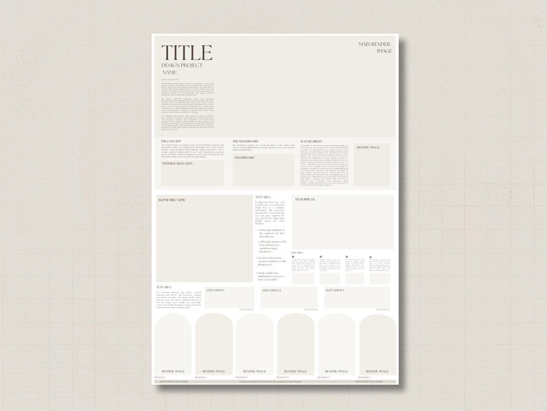 May include: A minimalist design project layout on a cream-colored background. The layout includes text boxes, image placeholders, and a title section. The text "TITLE" is at the top, with "DESIGN PROJECT" and "NAME" below it. The layout is clean and organized.