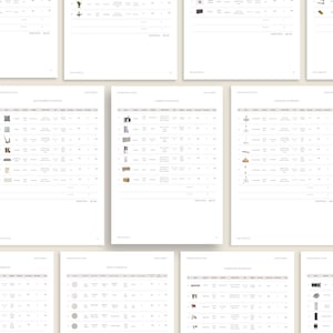 Puede incluir: Una colección de páginas de catálogo de productos, cada una mostrando varios artículos de decoración y ferretería para el hogar. Las páginas son blancas con texto negro, mostrando una gama de productos, desde lámparas hasta muebles. El diseño es limpio y organizado, con información detallada del producto.