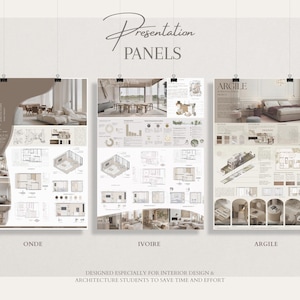 Puede incluir: Tres paneles de presentación arquitectónica suspendidos sobre un fondo neutro. Los paneles muestran diseños de interiores, planos de planta y representaciones de habitaciones. El texto "Presentation Panels" está en la parte superior, con las palabras "Onde", "Ivoire" y "Argile" debajo.