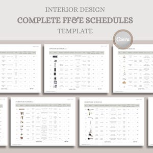 Puede incluir: Una plantilla de diseño de interiores con múltiples horarios de FF&E (Mobiliario, Accesorios y Equipamiento). La imagen muestra horarios de pintura, electrodomésticos, iluminación, muebles, ferretería y suelos. También es visible el logotipo de Canva.