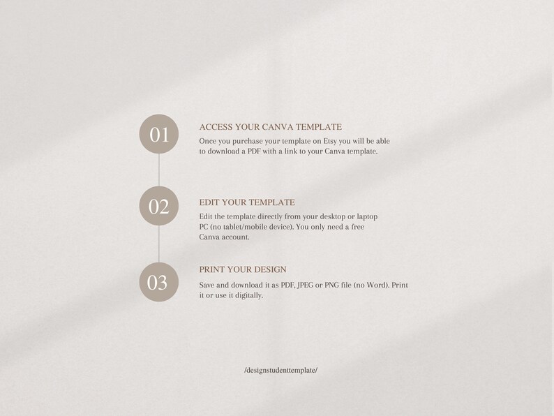 May include: A beige graphic with three numbered steps for using a Canva template. The steps include accessing, editing, and printing the design. Text at the bottom reads "/designstudenttemplate/".