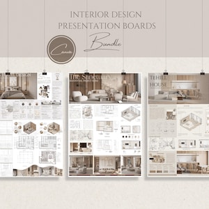Könnte beinhalten: Drei Präsentationstafeln für Innenarchitektur, die mit Clips aufgehängt sind. Die Tafeln zeigen architektonische Renderings, Grundrisse und den Text "Interior Design Presentation Boards Bundle" und "Canva". Die Tafeln präsentieren moderne Innenraumdesign-Konzepte.