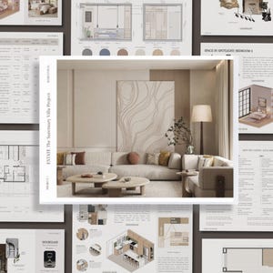 Puede incluir: Presentación de un proyecto de diseño de interiores con un salón que incluye un sofá beige, mesas de centro redondas y una gran obra de arte abstracta. La presentación incluye planos de planta y detalles de diseño.