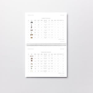 Clair ESSENTIAL redigerbar FFE-schemamall: Specifikationsblad för inredning/dekoratör | 8 sidor (Canva)