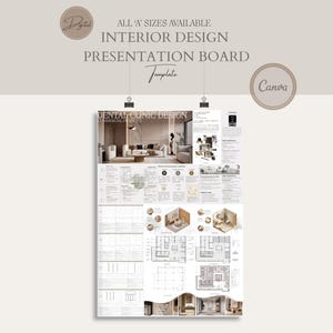 May include: A presentation board template for interior design, featuring the text "ALL 'A' SIZES AVAILABLE", "INTERIOR DESIGN PRESENTATION BOARD", and "Template". The board includes a "DENTAL CLINIC DESIGN" section and a "Canva" logo, with architectural plans and interior design images.