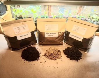 Humus de lombriz: fertilizante orgánico para plantas, superalimento para el suelo (biocarbón, sustrato de cultivo de champiñones usado).