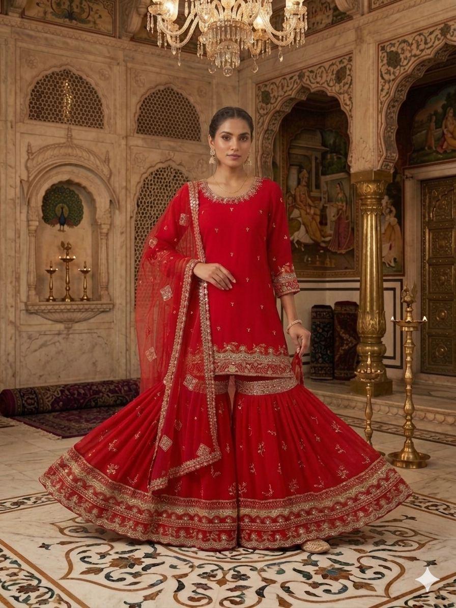green emerald velvet dress Premium Red Gold Sharara Kameez for Indian Bridal Wear – Nameera by Farooq main image 0
