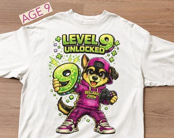 Level 9 Unlocked Gamer Birthday Shirt, Unisex Kids Gaming Apparel, Age Nine / Gildan 5000B