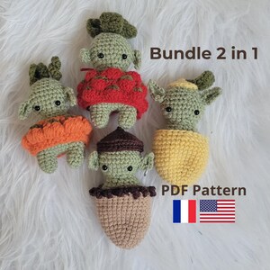 Puede incluir: Colección de cinco figuras de ganchillo hechas a mano, cada una con un diseño único. Las figuras son principalmente verdes con varios acentos de color, incluyendo naranja, rojo y amarillo. El texto "Bundle 2 in 1" y "PDF Pattern" es visible.