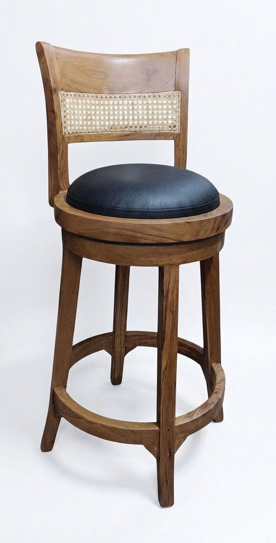 Mid-century Solid Wood Swivel Bar Stool | Rustic Teak Cane Back Leather ...