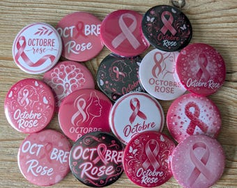 Badges Octobre Rose 58mm – Illustrations originales | Ruban Rose | Magnet, épingle ou porte-clés