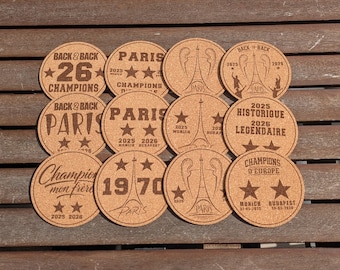 Paris Champions Back-to-Back Cork Coasters with Engraving | Customizable Set of 2, 4, 6, or 8 | Gift for Football Fans