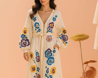Boho bloemen geborduurde maxi-jurk – handgemaakt, lange mouw, ceintuur, resortkleding