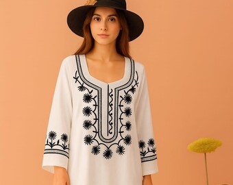 Boho White Embroidered Maxi I Floral Kaftan Dress | Ethnic Tunic | Handmade Style Dress