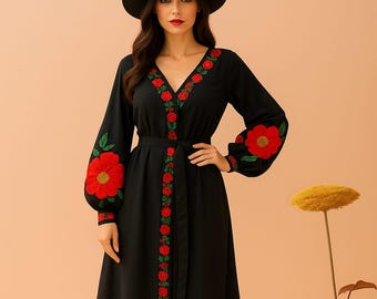 Black Boho Embroidered Maxi Dress – Floral Sleeve Dress – Ethnic Folk Style – Handmade Look