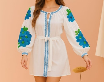 Boho Embroidered Floral Mini with Belt – White Peasant Tunic ,Vintage Folk Style Dress