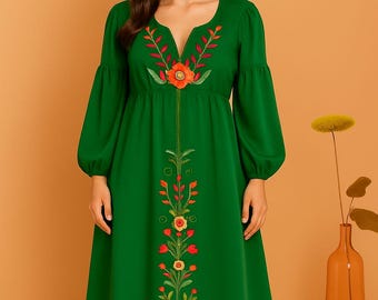 Boho Green Embroidered Maxi| Floral Folk Art Dress| Ethnic Festival Dress for Women