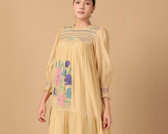 Vestido largo amarillo bordado hecho a mano – Vestido largo estilo boho cottagecore para mujer
