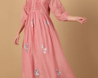 Pink Embroidered Maxi Dress | Vintage Boho Cotton Ruffle Hem