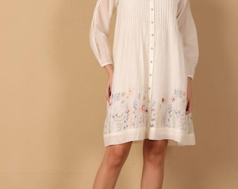 Handmade White Cotton Embroidered Dress | Boho Floral A-Line Tunic Dress |Lightweight Casual