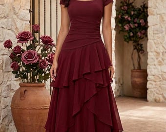 Formal Evening Gown, Floor Length Chiffon Dress with Tiered Ruffles, Elegant Maxi for Weddings