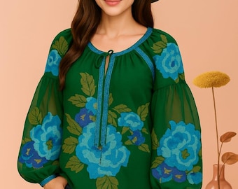 Boho Green Floral Sheer Sleeve Peasant Top | Embroidered Blue Rose Blouse | Vintage-Inspired Bohemian Tunic