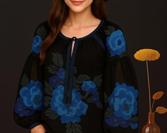 Black Boho Peasant Top for Women, Floral Blouse Tunic, Folk Style Top