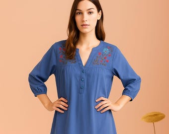 Blue Boho Embroidered Tunic Dress with Floral Design |Bohemian Folk Style Outfit