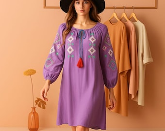 Boho Embroidered Purple Dress | Cotton Blend Tunic, Long Sleeve