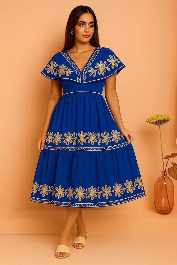 Royal Blue Embroidered Boho Midi - Floral Cotton Dress with Cape Sleeves | Ethnic Vacation Outfit