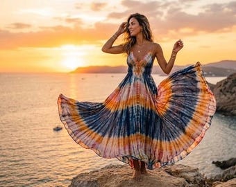 Bohemian Tie-Dye Maxi l Open Back & Strappy Detail |Hand-Dyed  Gown l Beach Photoshoot Dress