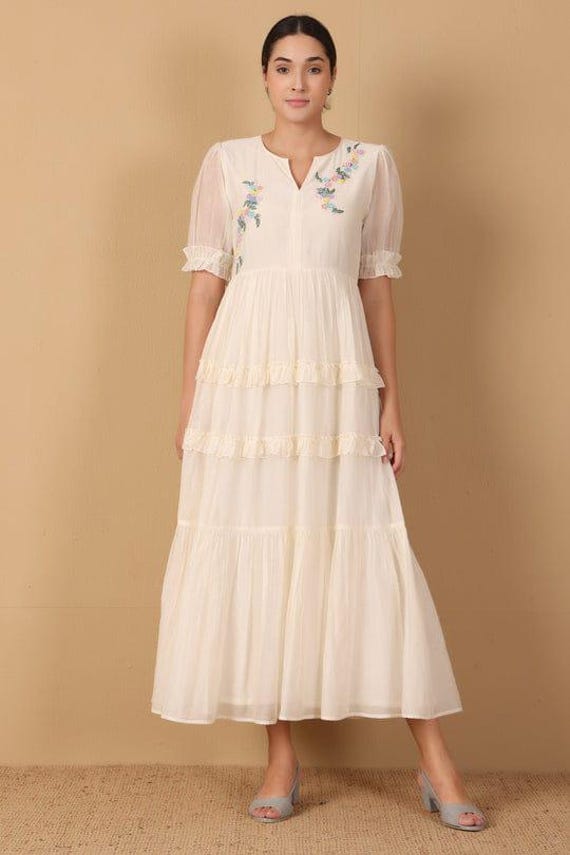 ivory colored summer dresses Vintage-Inspired Tiered Maxi | Boho Embroidered Dress FULLY EMBELLISHED