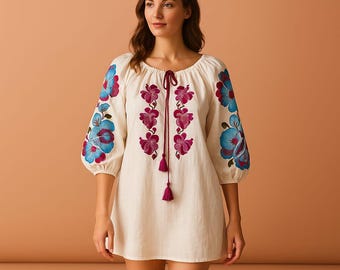 Boho Linen Mini Dress • Floral Embroidered Tunic