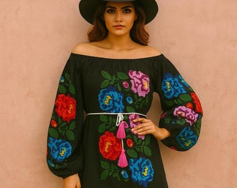 Blusa bohemia bordada con hombros descubiertos / Túnica campesina mexicana / Camisa bohemia con mangas abullonadas y estampado floral para festivales