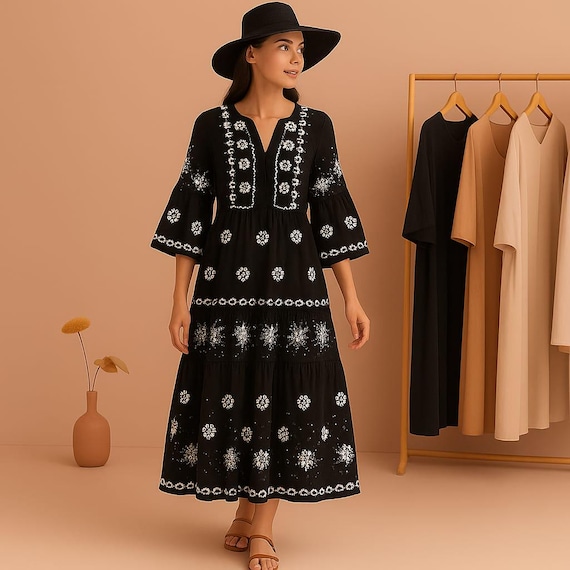 Boho Embroidered Cotton Midi Dress