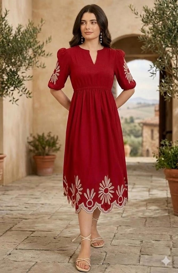red embroidered midi dress Women's The Poetry of You Pink & Red Floral Embroidered Eyelet Cotton Midi Dress | Size: S