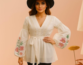 Boho Peasant Top | White Blouse with Floral Embroidery | Bell Sleeve Tunic | Belted Top