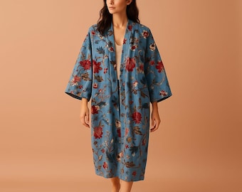 Abrigo largo estilo kimono con estampado floral azul / Chaqueta boho oversize / Abrigo ligero bordado llamativo